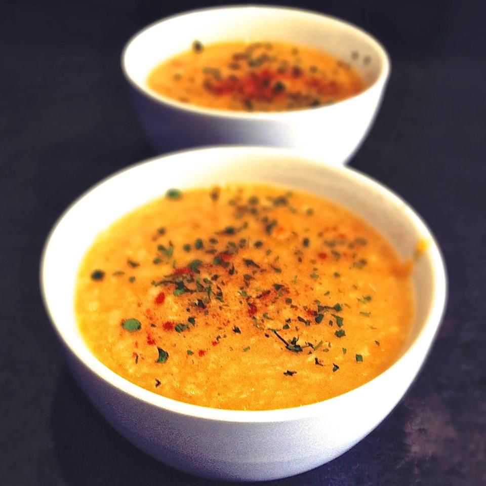 Red Lentil and Yellow Split Pea Soup in a white bowl