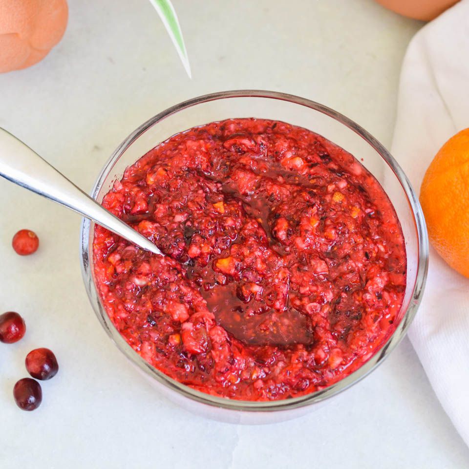 Cranberry Orange Relish with Orange Flavored Liqueur in a glass dish