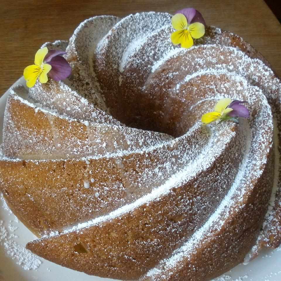 cathedral bundt cake with powdered sugar dusting