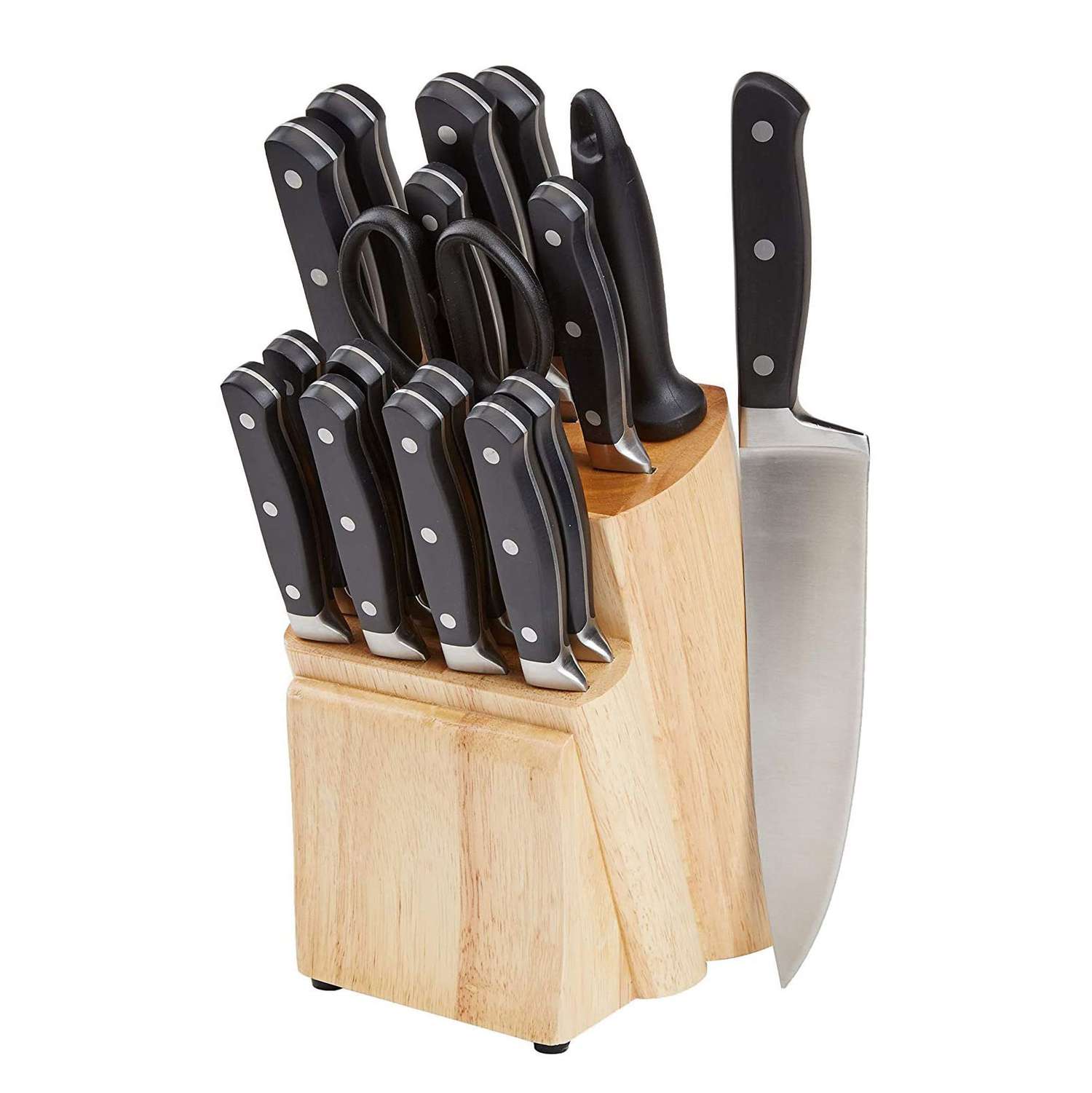Basic wooden knife block set with chef's knife on display