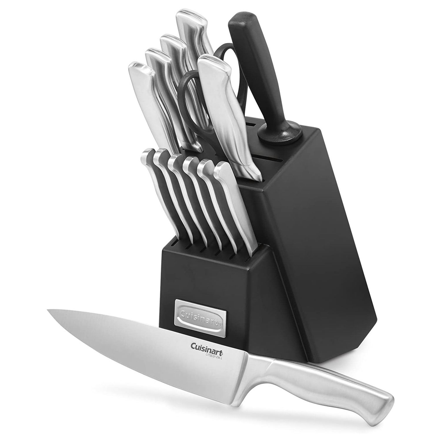stainless steel knife set in black knife block