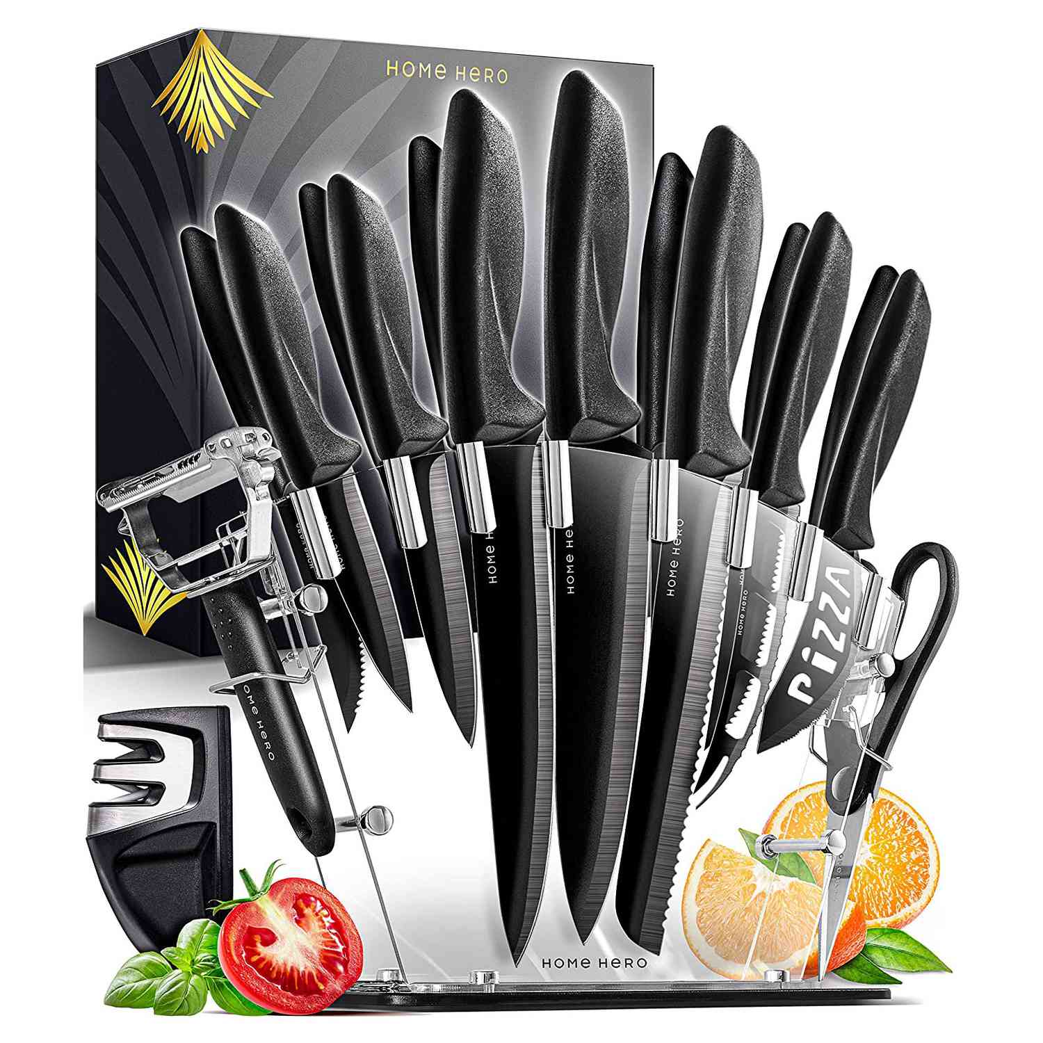 Set of black knifes with knife sharpener in front of black box
