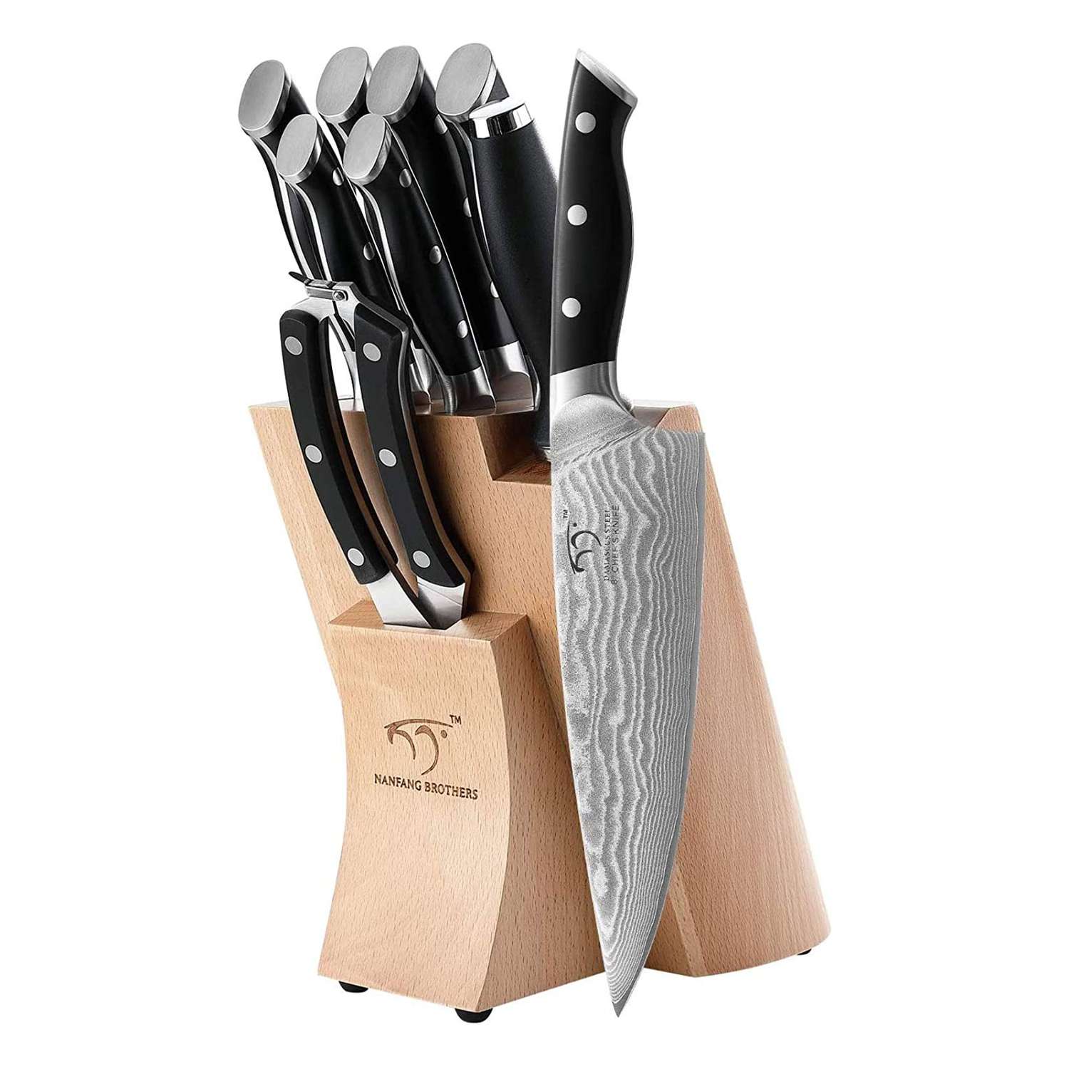 asian style knife block set with chef's knife on display