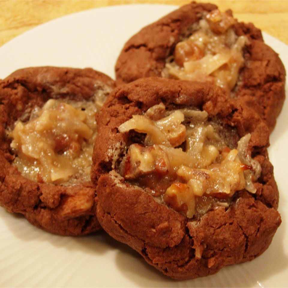 German Chocolate Thumbprint Cookies on a white plate