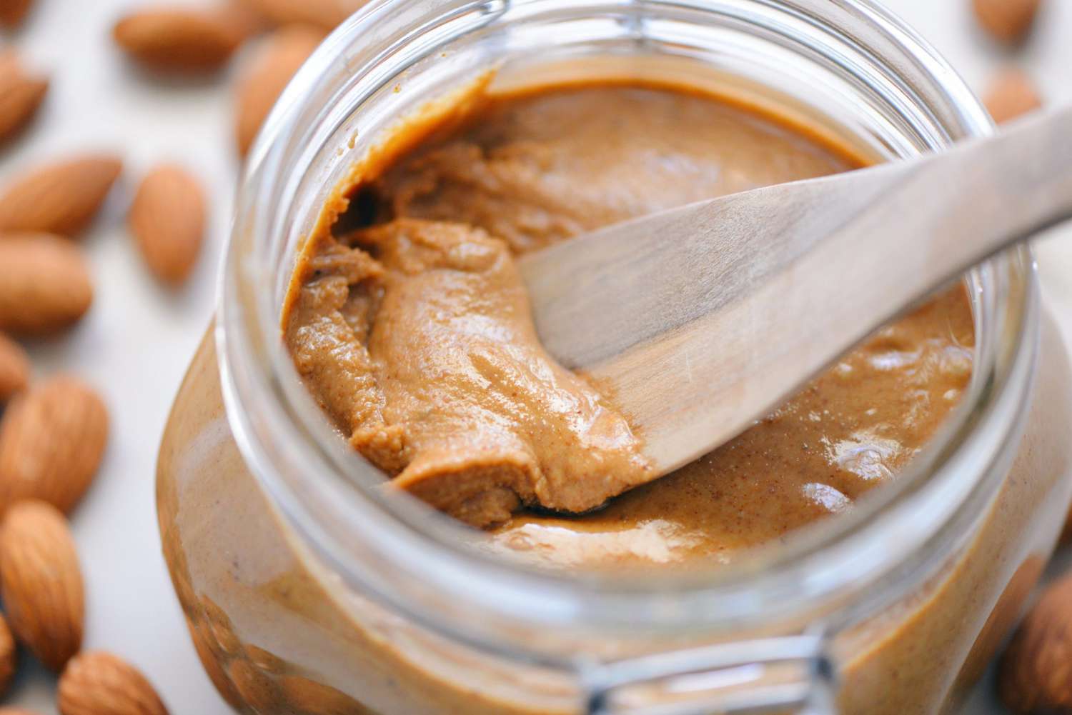 High Angle View Of nut Butter In Jar