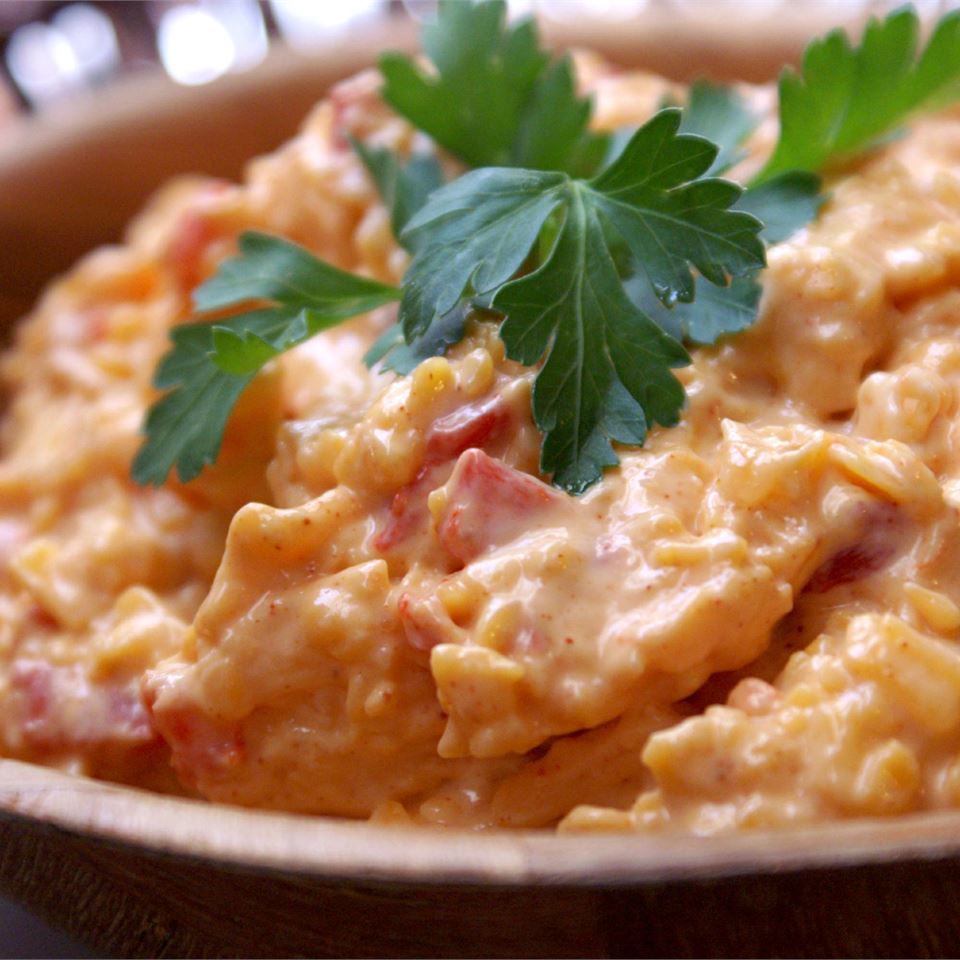 pimento cheese up close with parsley garnish