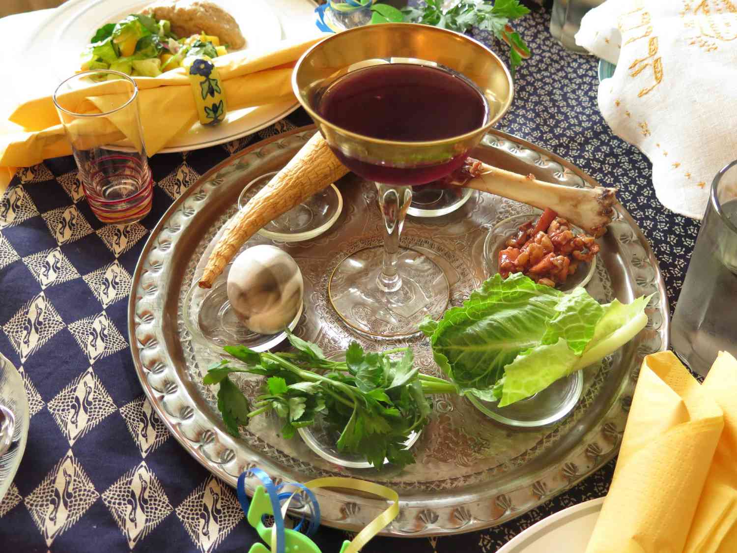 Jewish Holidays: Traditional Seder Plate on Passover Table