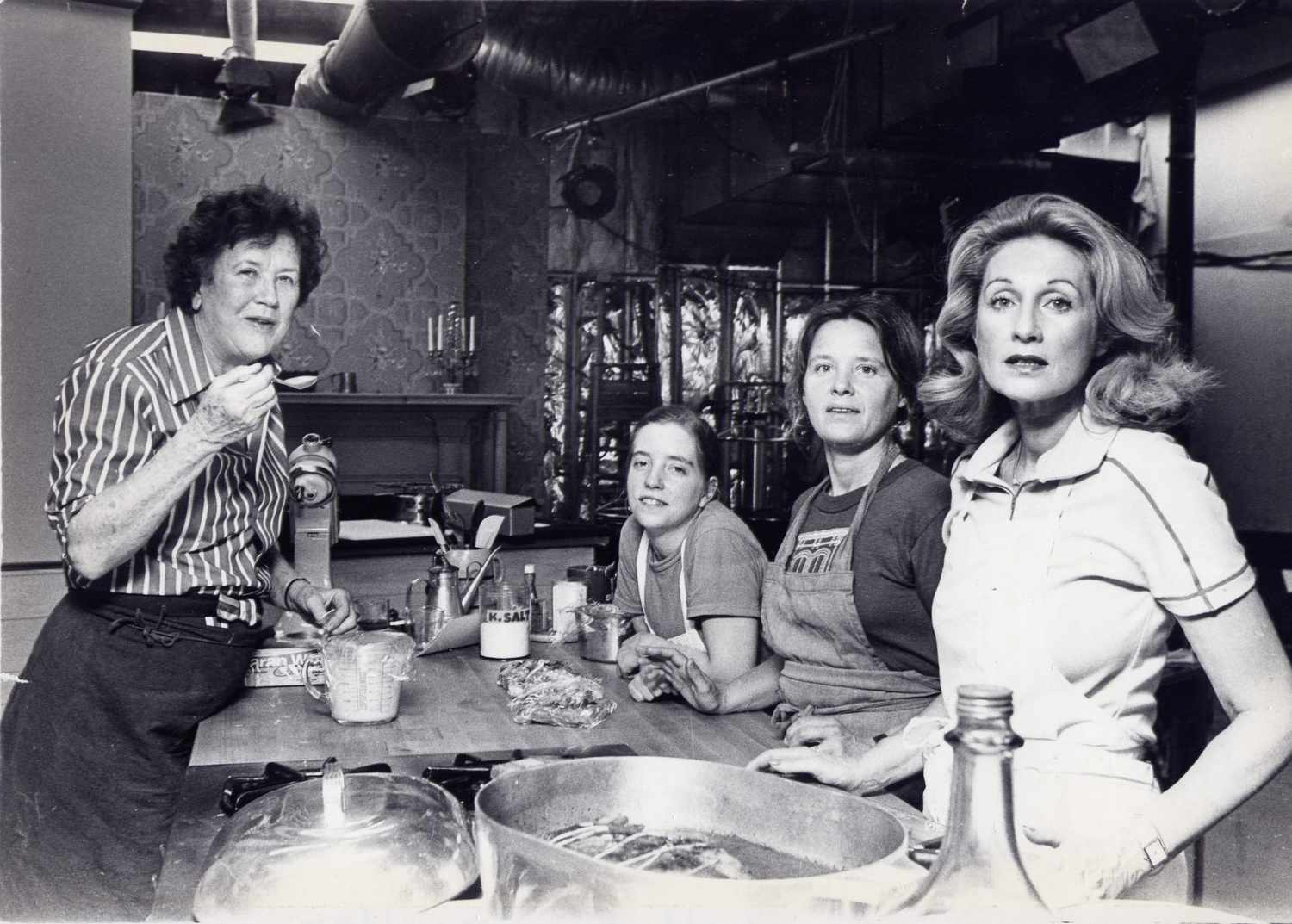 Julia Child, Sara Moulton, and two others on the set of Julia Child and More Company