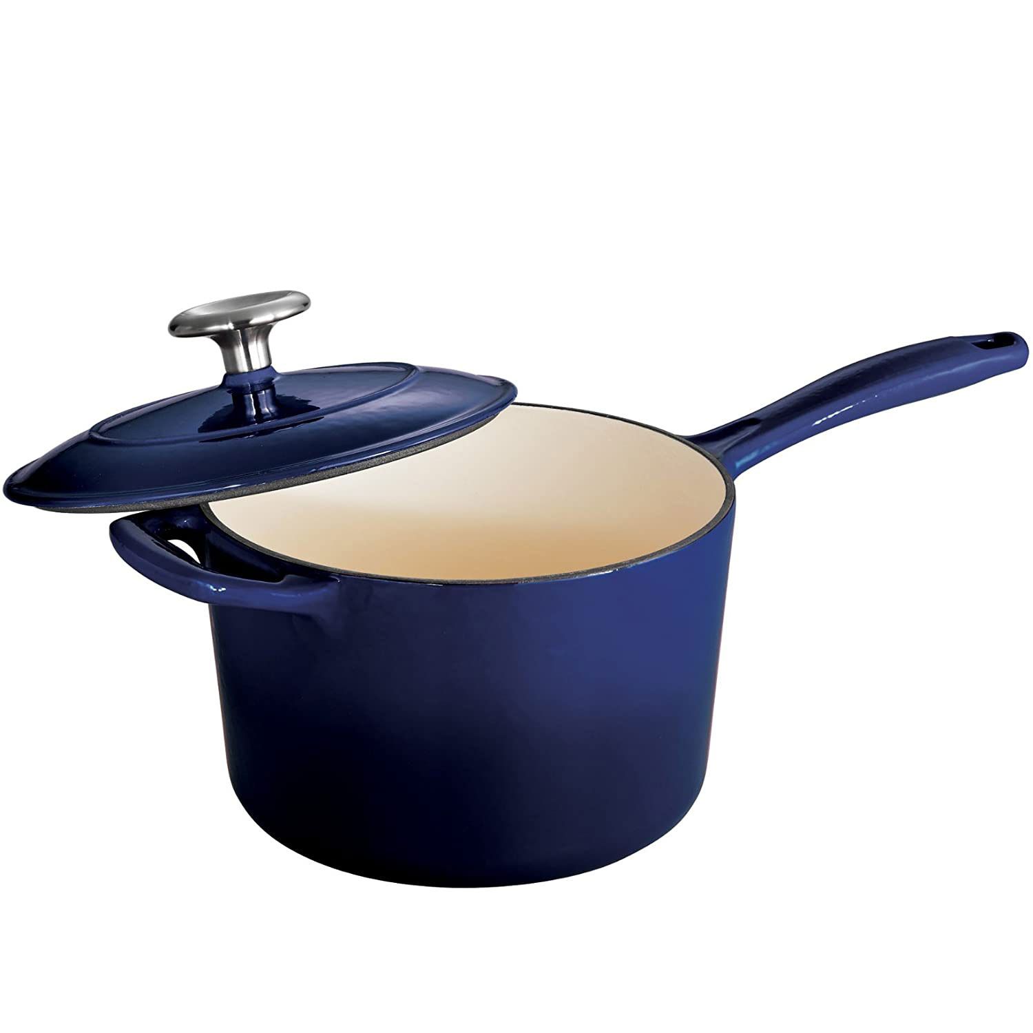 enameled cast iron saucepan with blue exterior