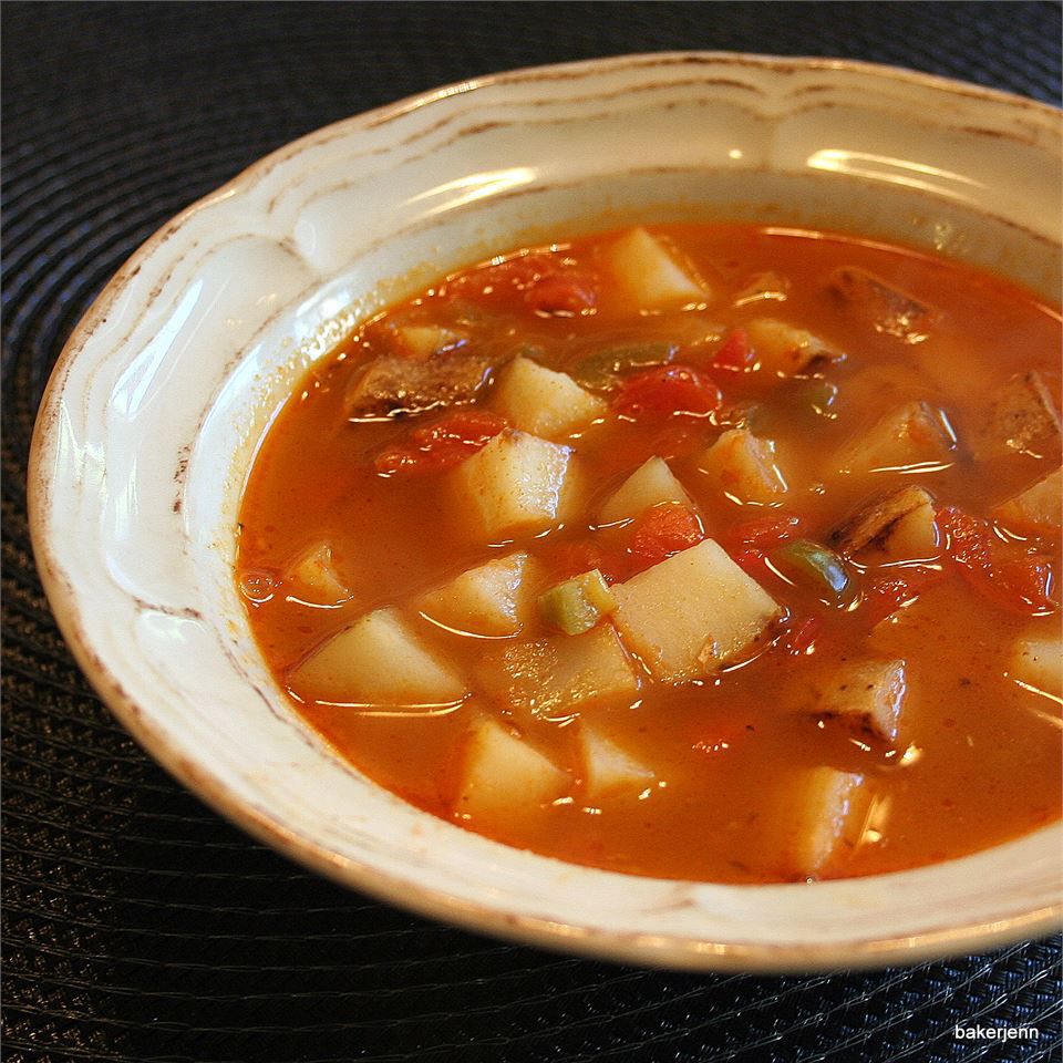 Spicy Potato Soup in a white bowl