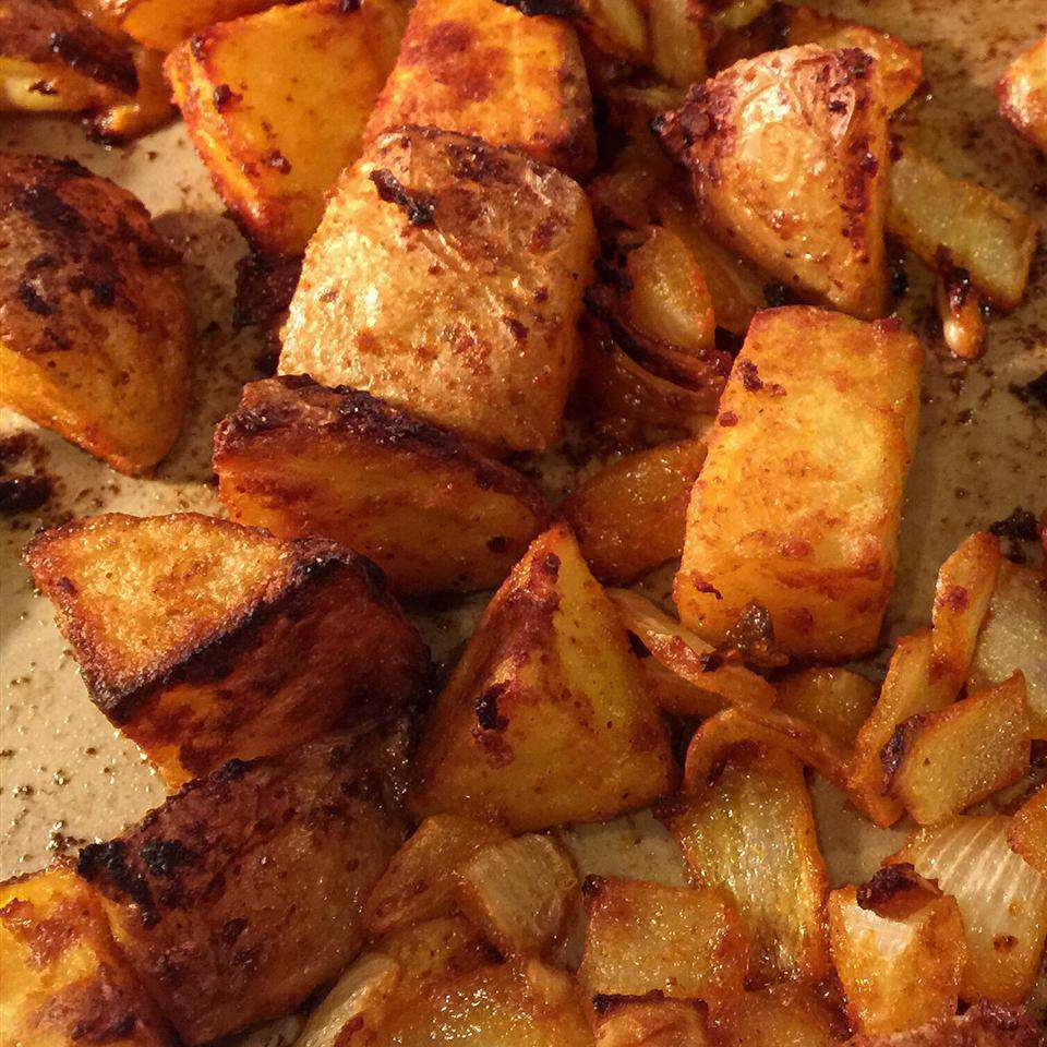 Easy Spicy Roasted Potatoes on a baking sheet