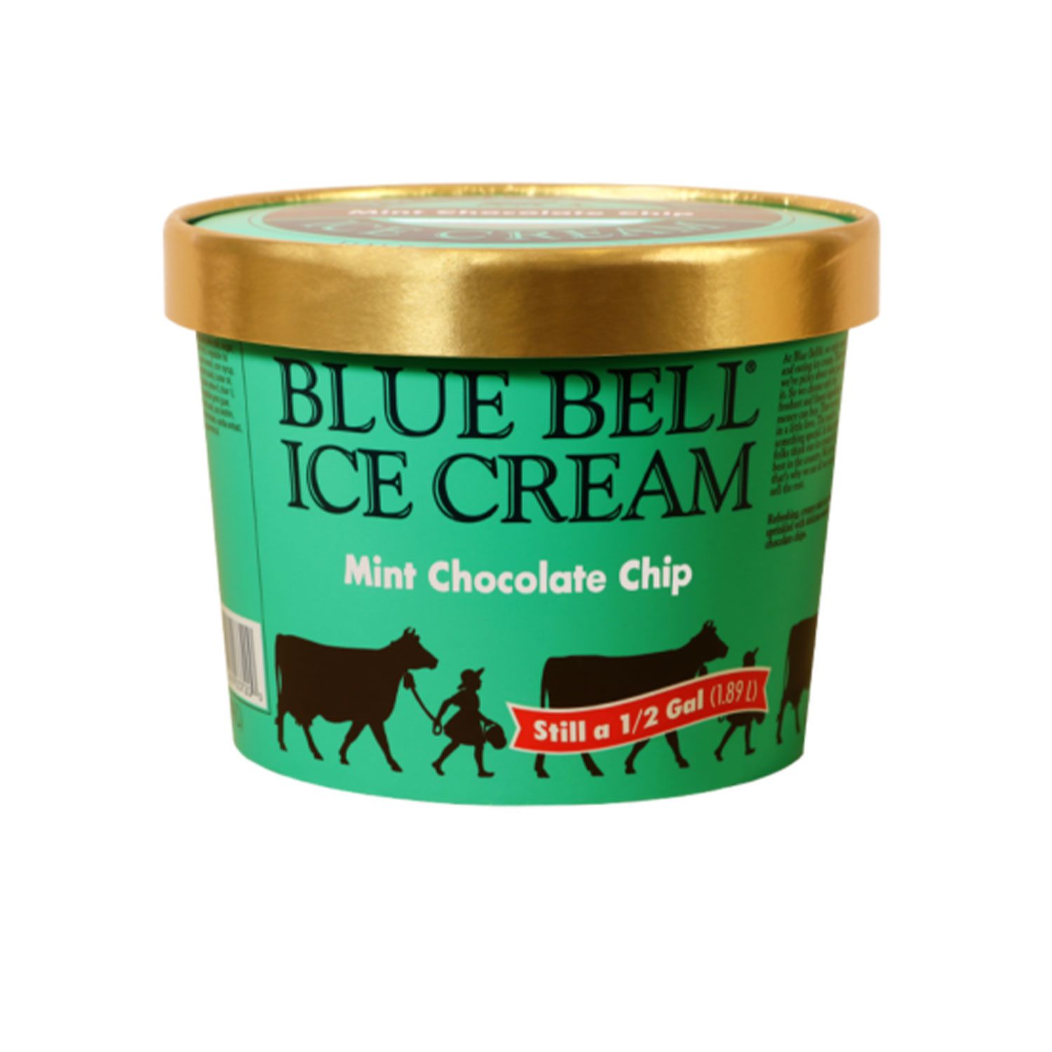 Half gallon tub of blue bell mint chocolate chip ice cream