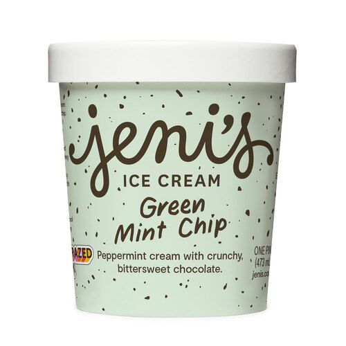 jeni's ice cream green mint chip pint with white lid