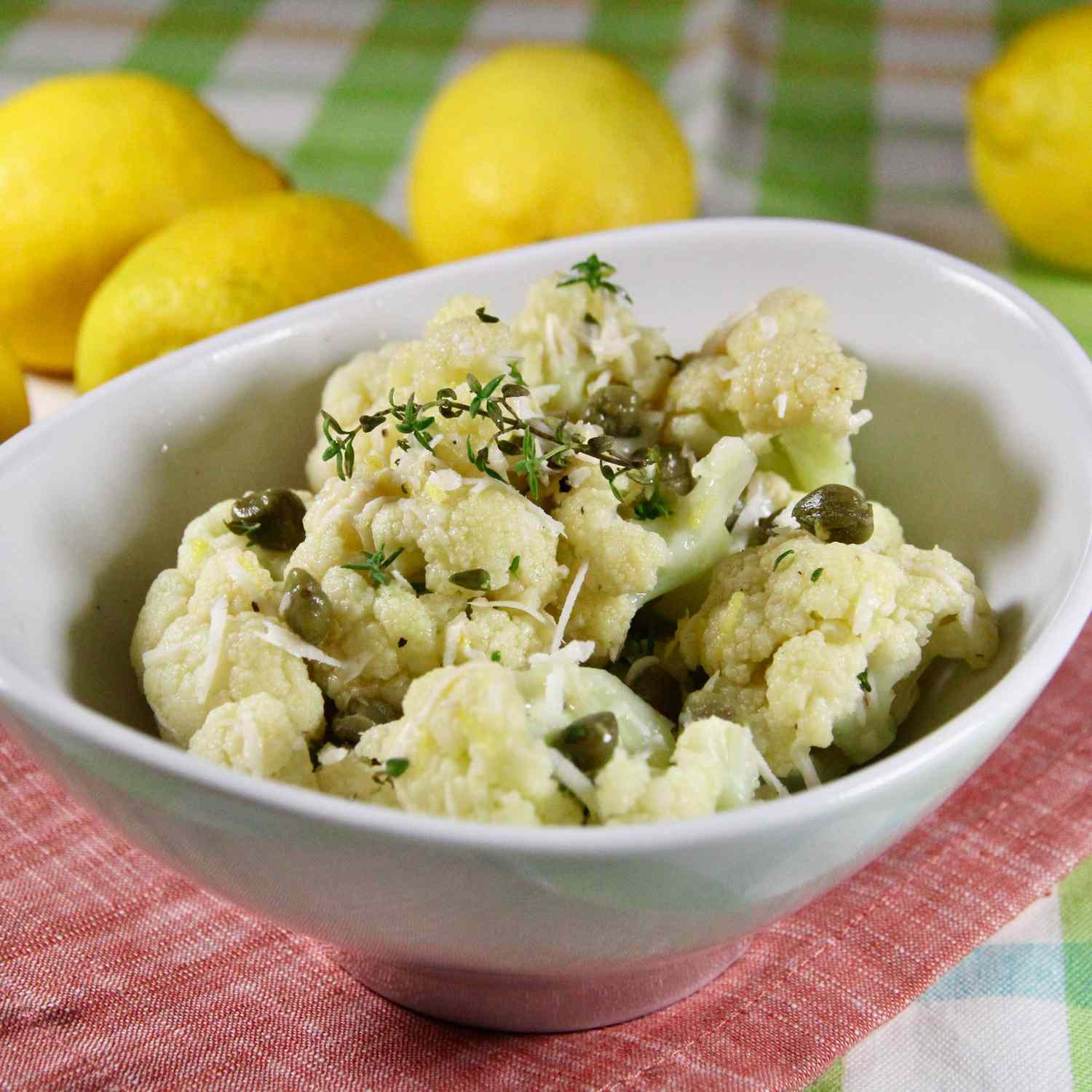 Cauliflower with Capers and Lemon in a white bowl