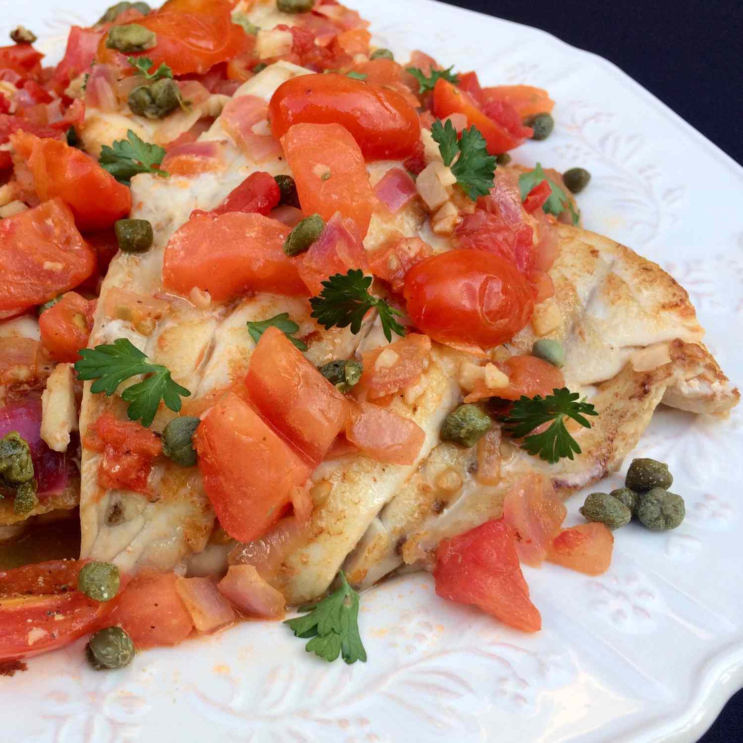 Skillet-Braised Grouper with Tomatoes, Onions, and Capers