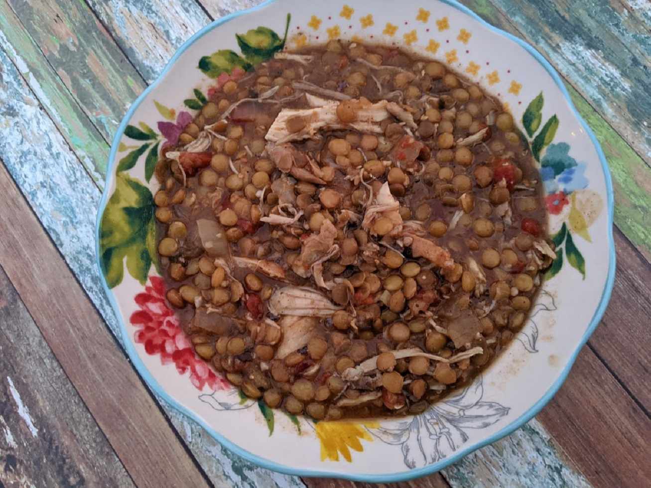 chicken and lentil soup in bowl