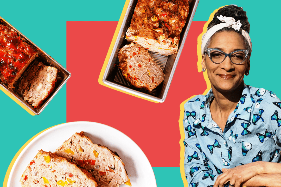 Carla Hall headshot and images of meatloaf
