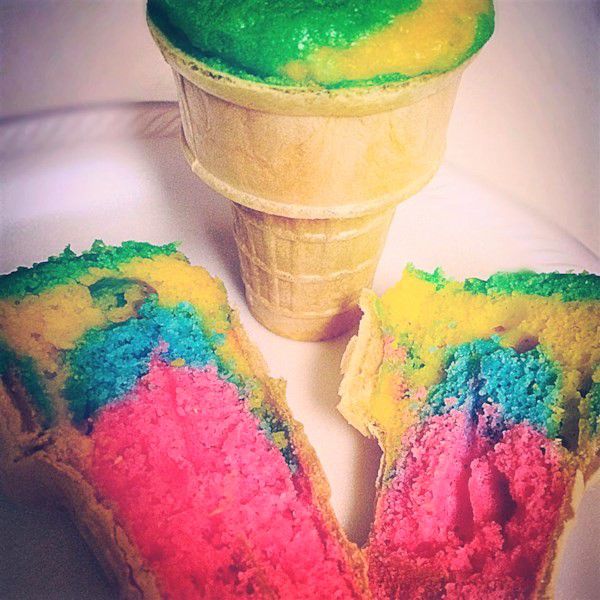 rainbow cake baked inside ice cream cones