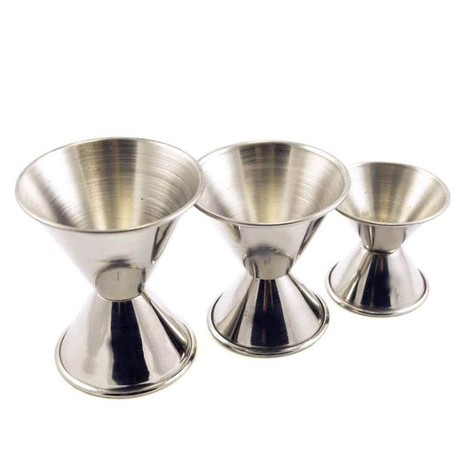 three different sized stainless steel jiggers