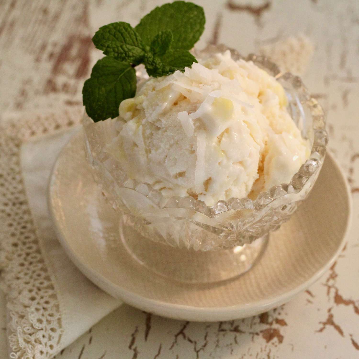 Coconut-Pineapple Ice Cream in a glass bowl