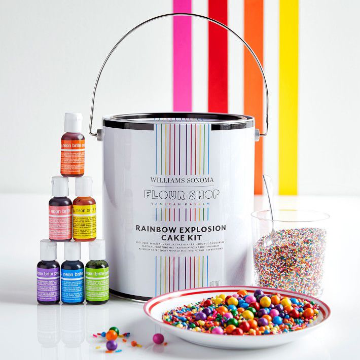 paint bucket style packaging for rainbow explosion cake with food coloring and sprinkles