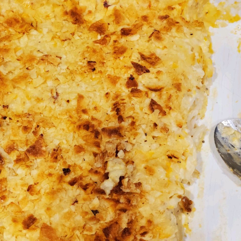 Basic Funeral Potatoes in a white dish