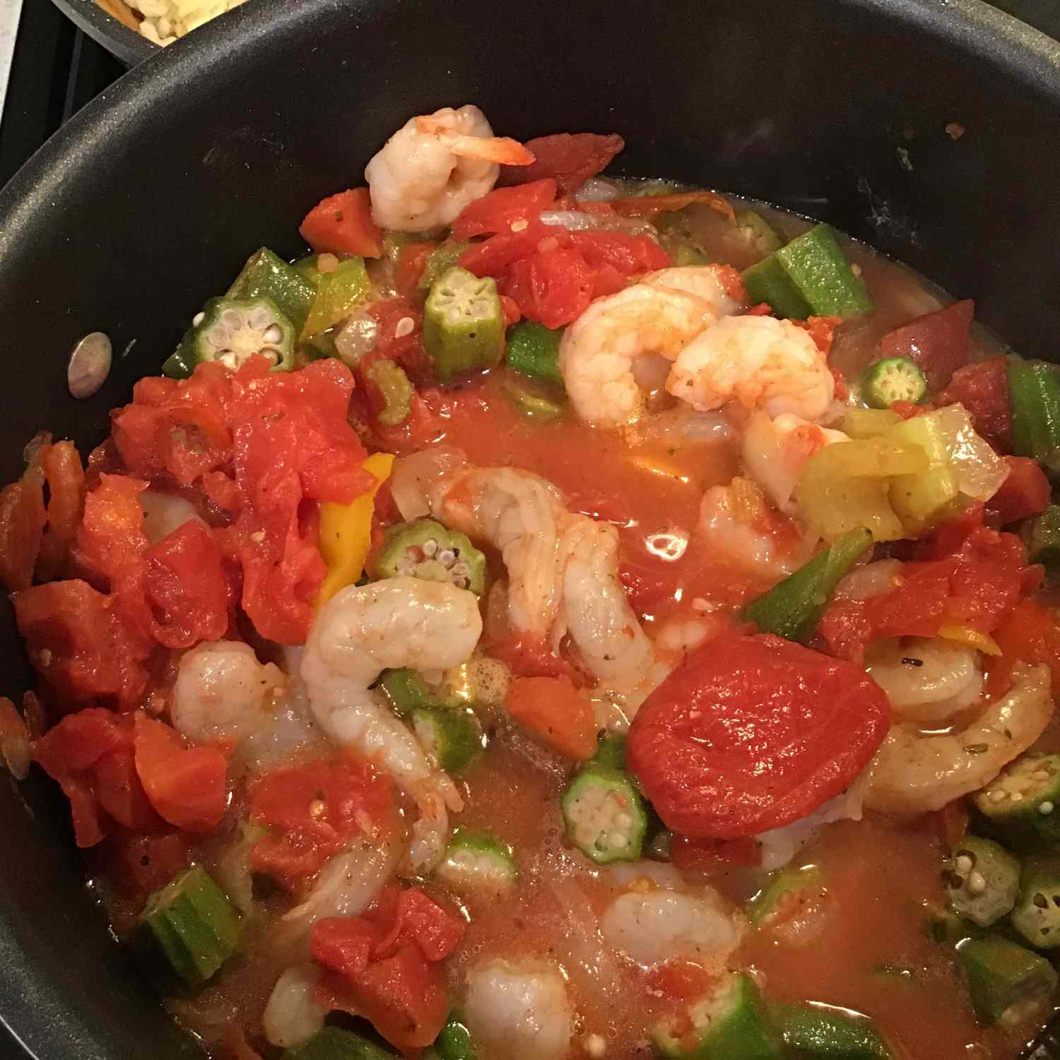 tomato shrimp stew with yellow squash, jalapenos, okra