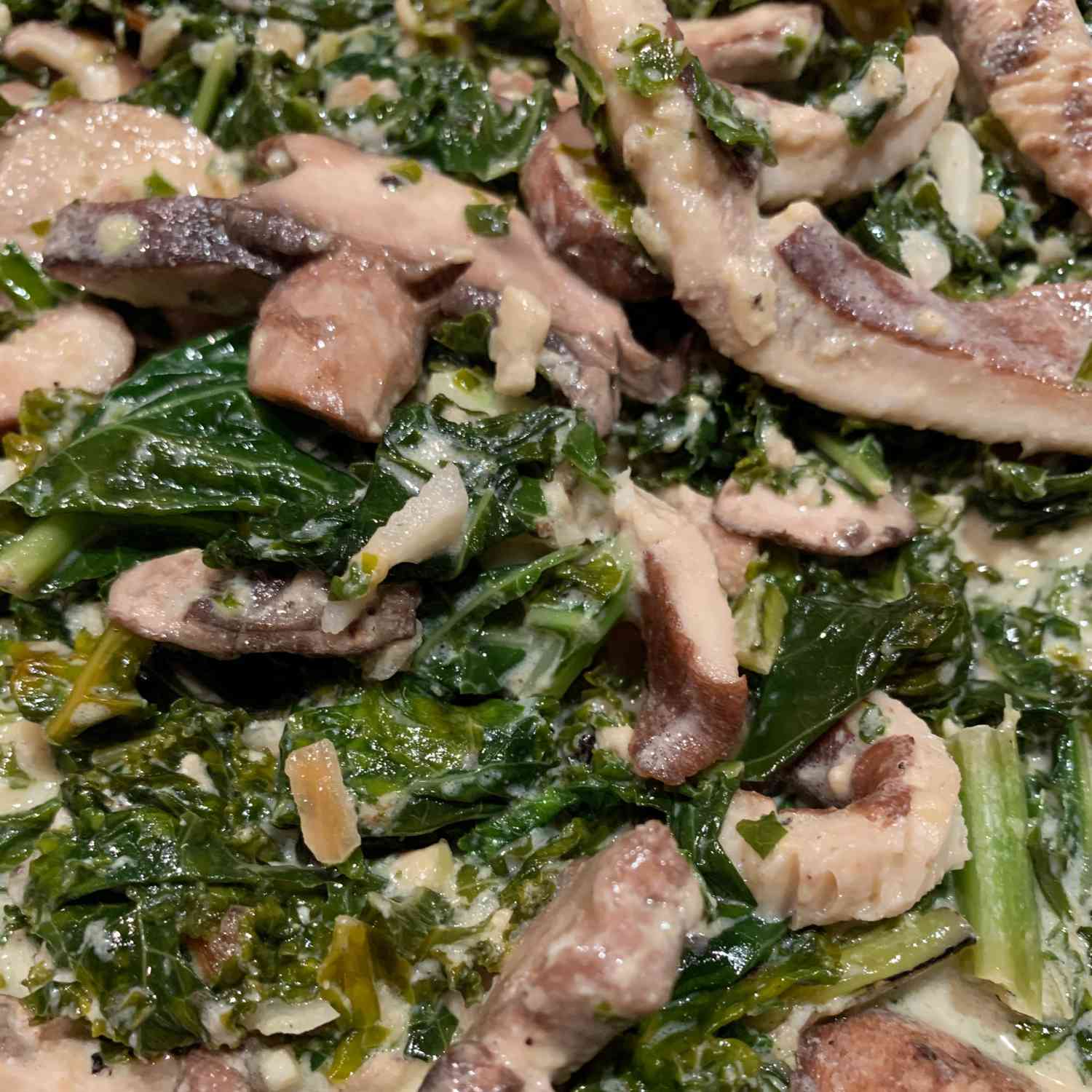 close up of Delicious Creamed Kale With Mushrooms