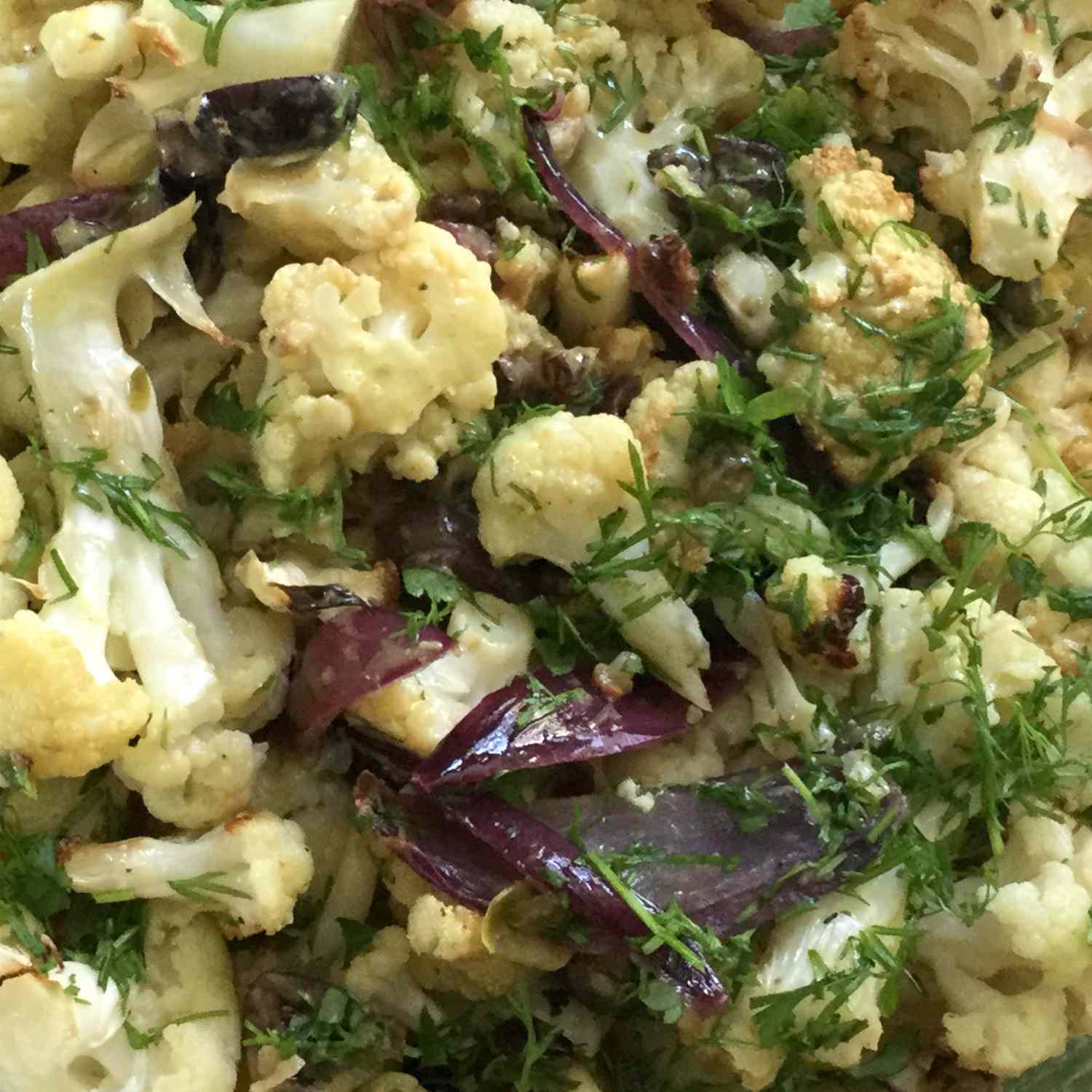 roasted cauliflower with onions, dill, salad dressing