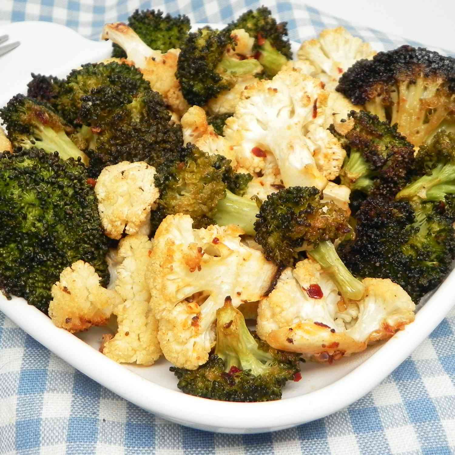 roasted cauliflower and broccoli in white dish