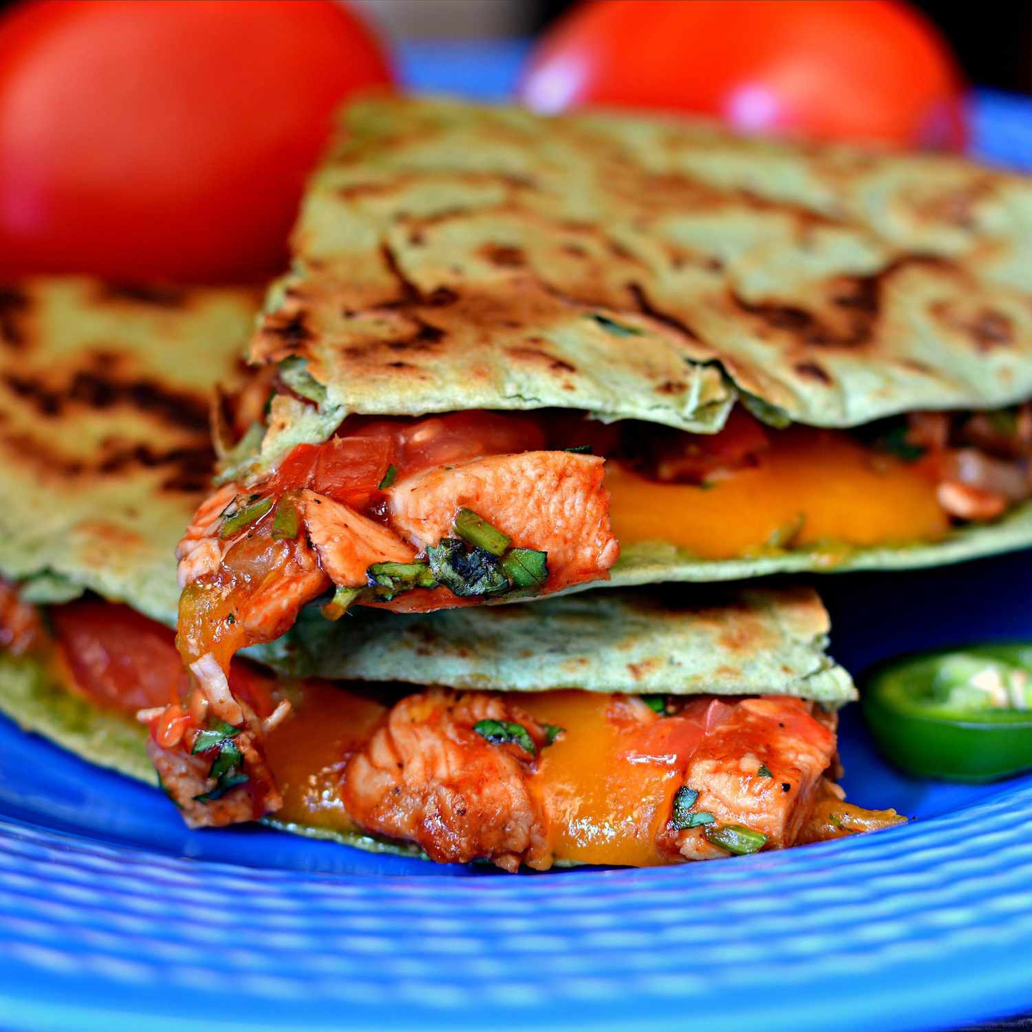 barbecue chicken quesadillas stacked