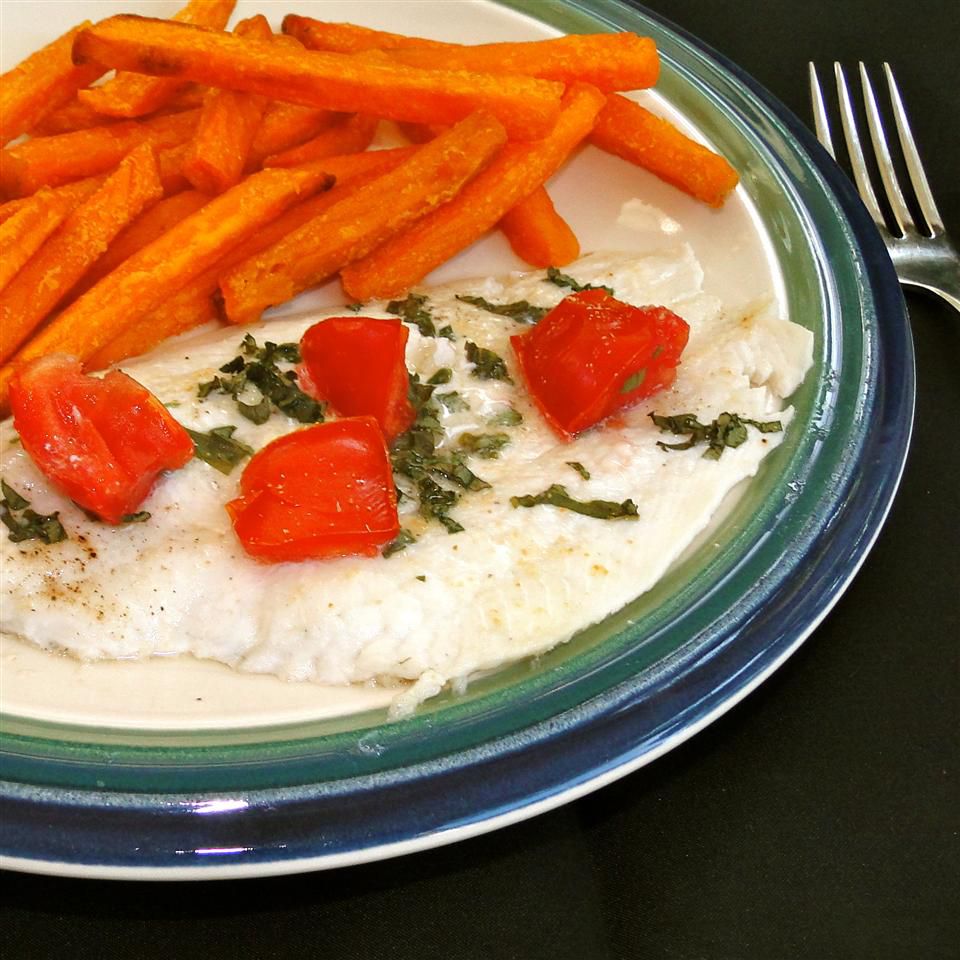 tilapia with tomatoes and sweet potato fries