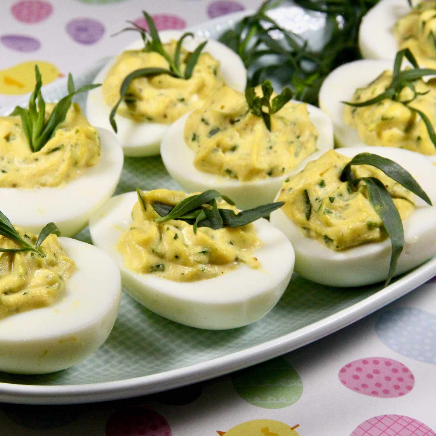 Tarragon-Honey Mustard Deviled Eggs on a blue plate