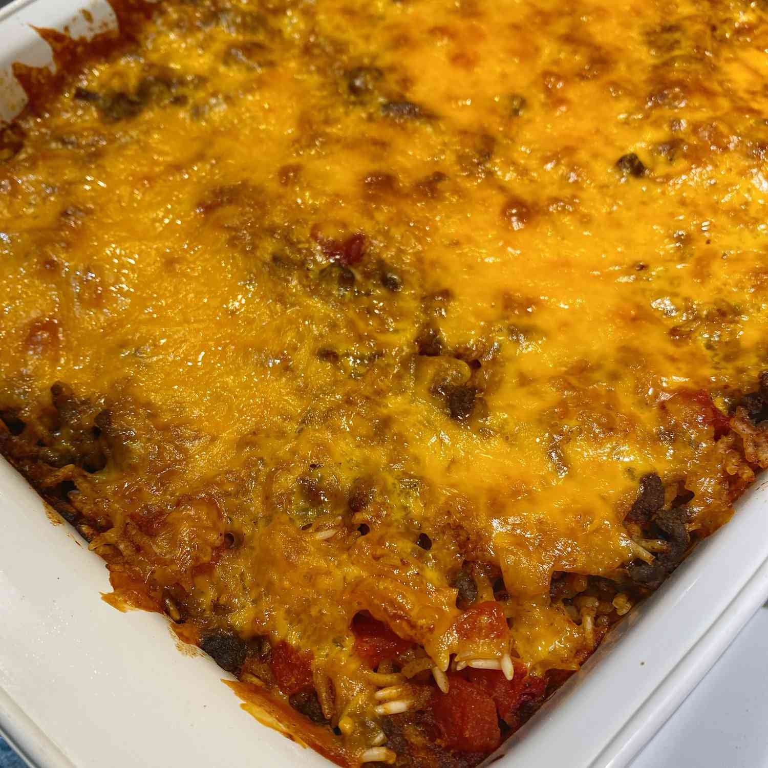 Ground Beef Taco Bake in a white dish
