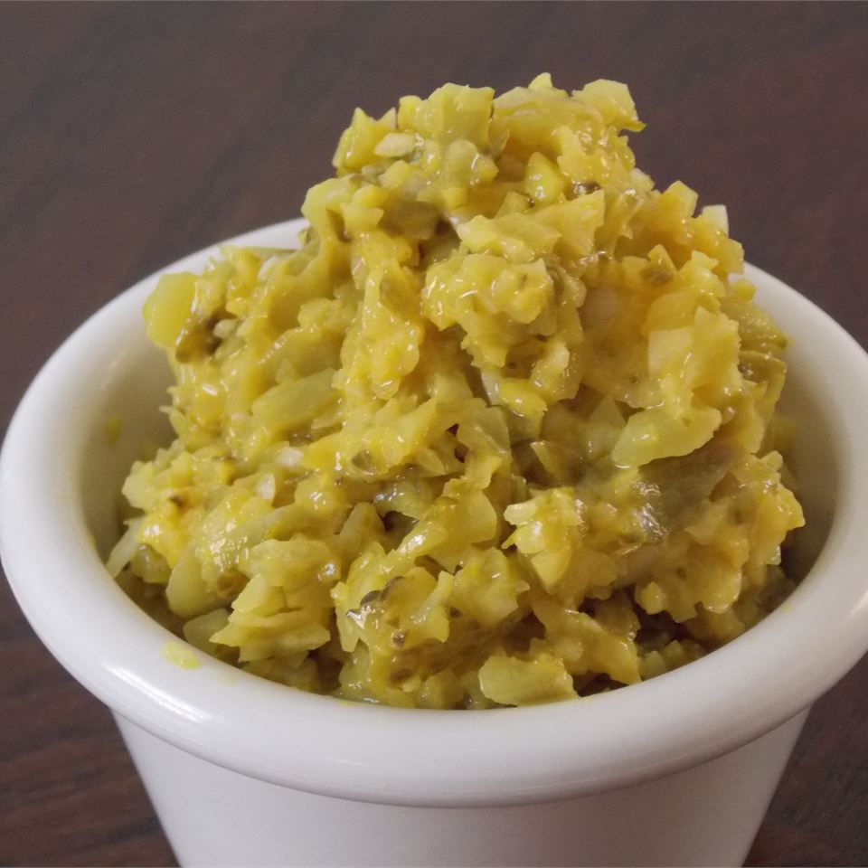 Great Mustard Relish in a white bowl