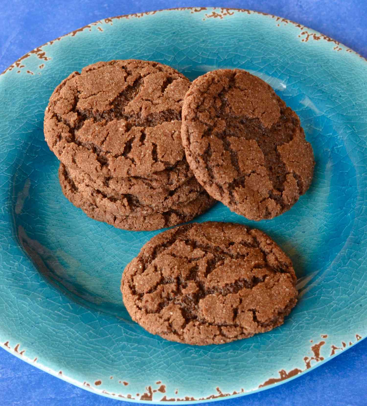 Chocolate Snickerdoodles on a blue plate