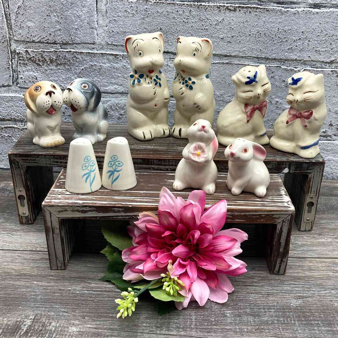 five sets of salt and pepper shakers shaped like dogs, cats, rabbits