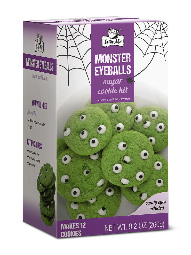 box of green cookies with candy eyeballs