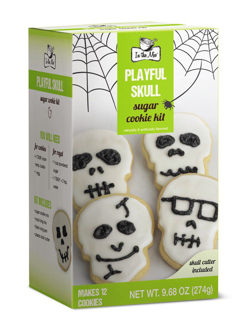 box with frosted skull head cookies