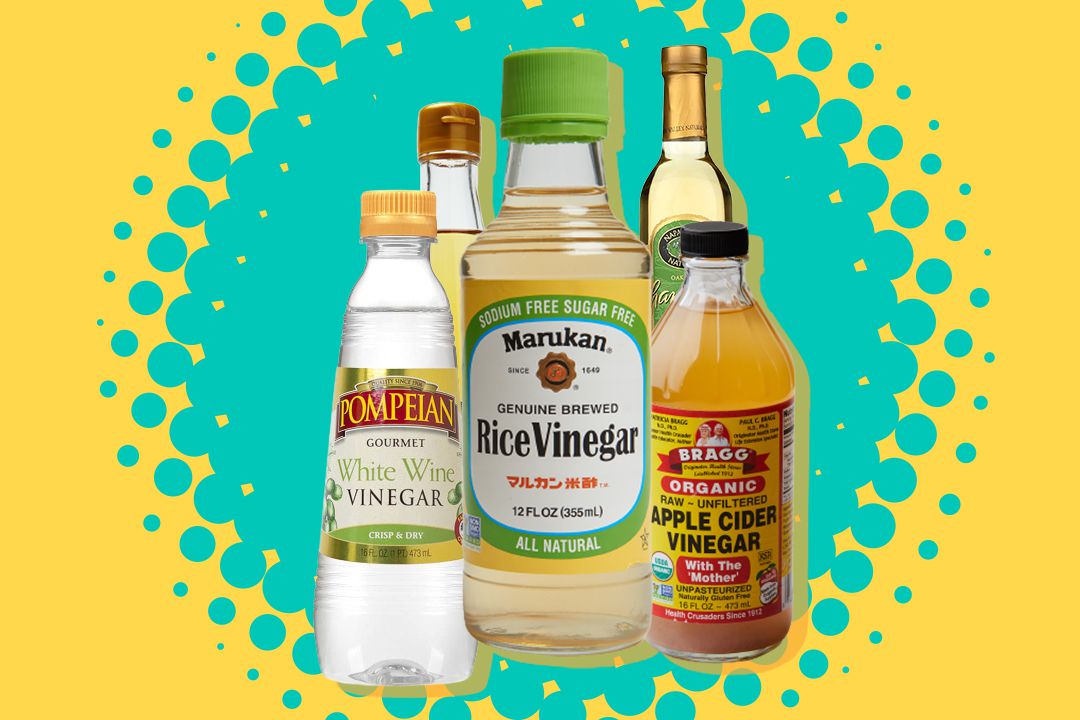 vinegar bottles on teal and yellow burst background