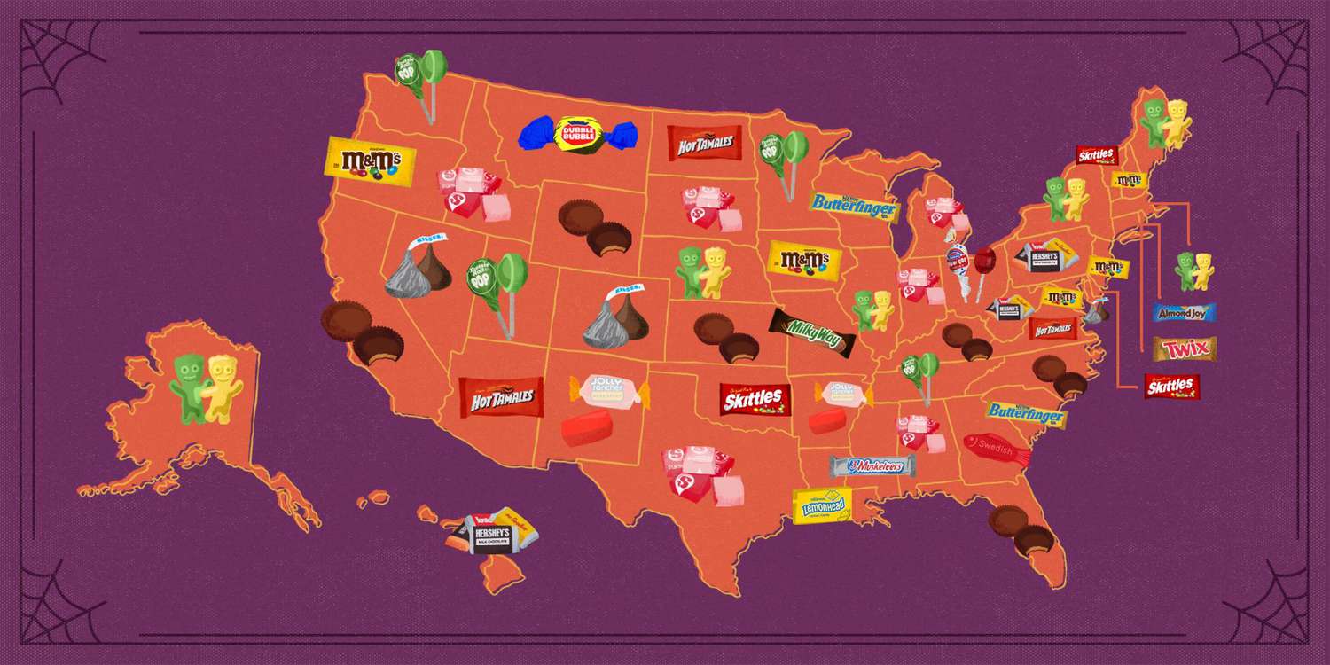 graphic image of a map of the United States showing which Halloween candies are the most popular in each state