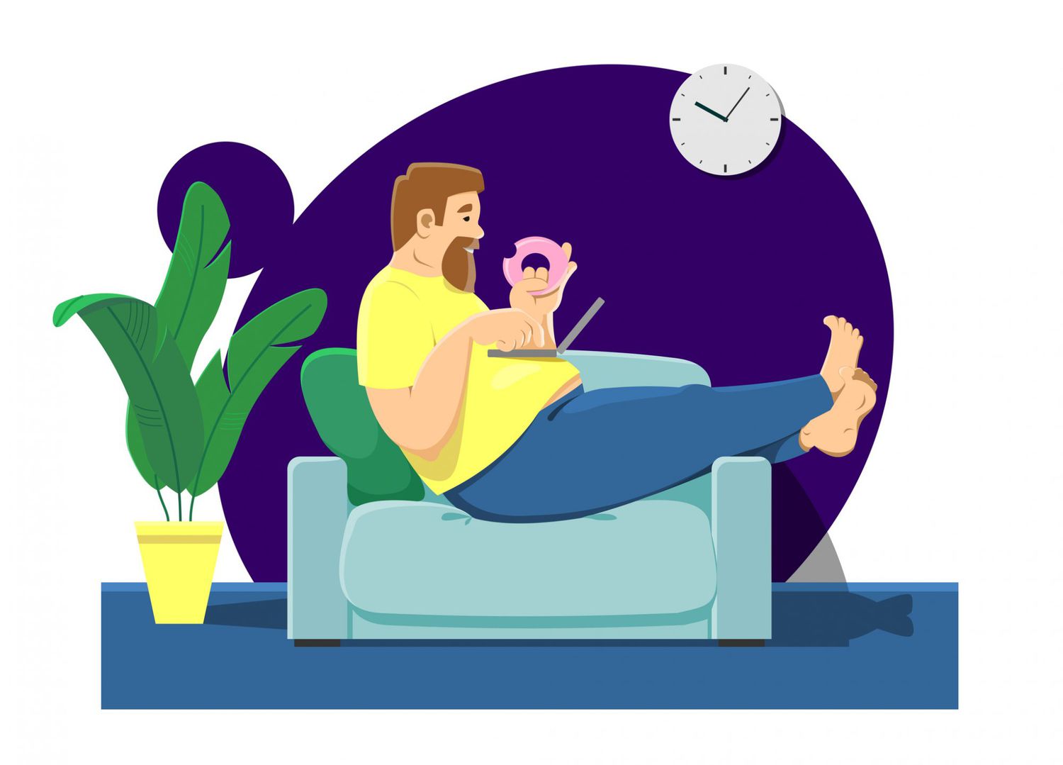 Fat man sitting on a sofa with a laptop on his stomach, eating a donut. The concept of a sedentary lifestyle, obesity, work at home, quarantine, isolation. For background, infographic, social media.