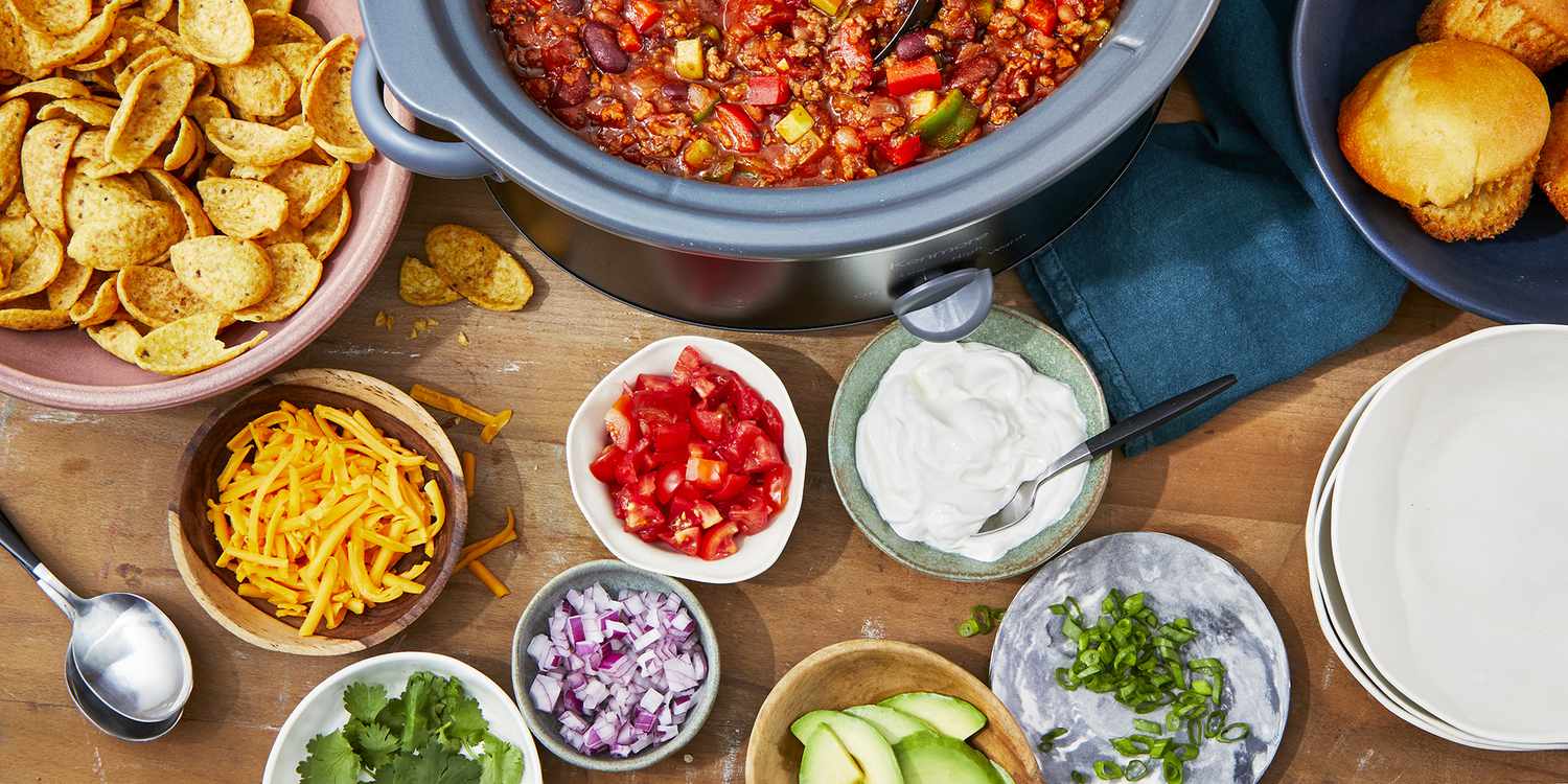 Slow Cooker Chipotle Chili with toppings on the side