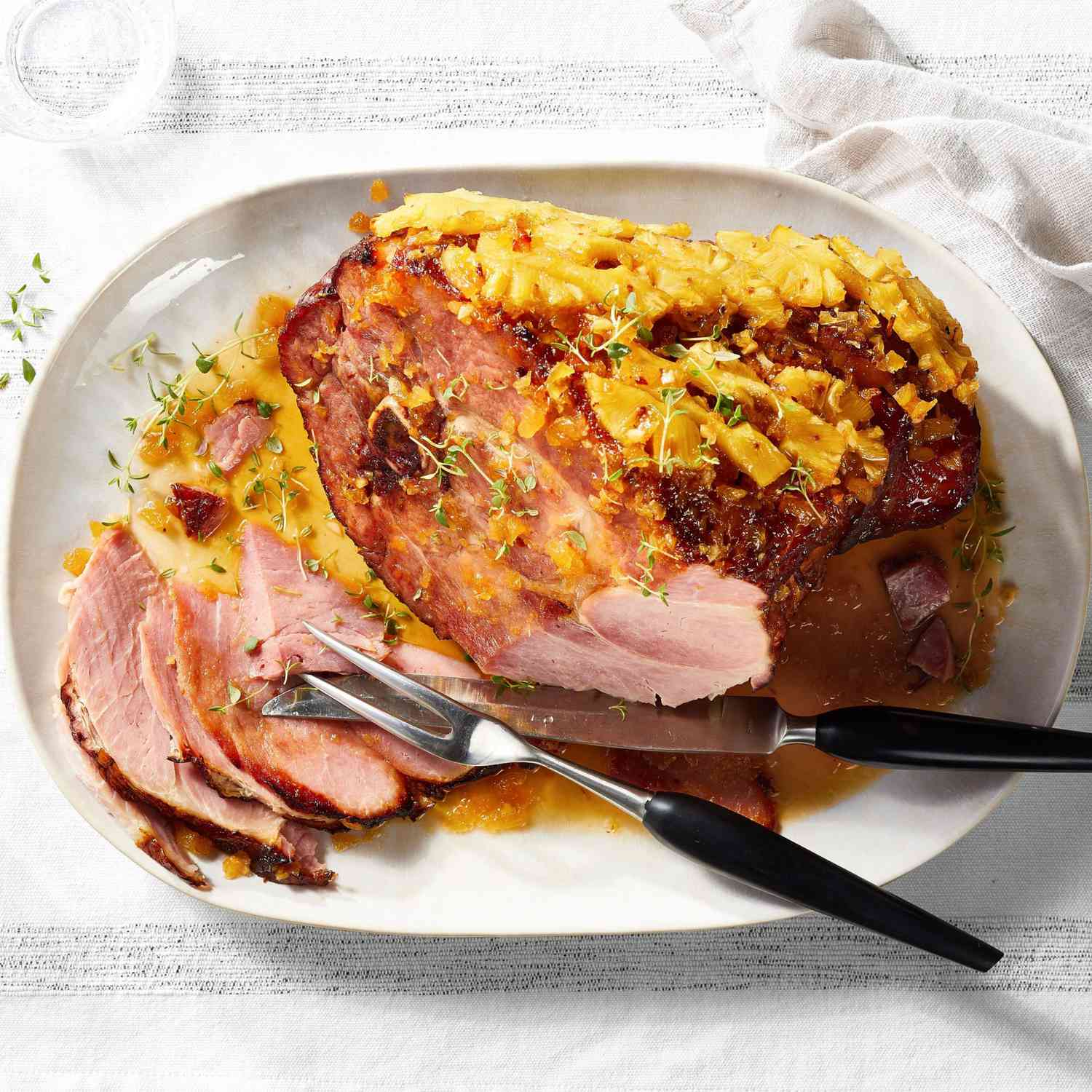 overhead view of Bourbon-Glazed Ham recipe on a platter