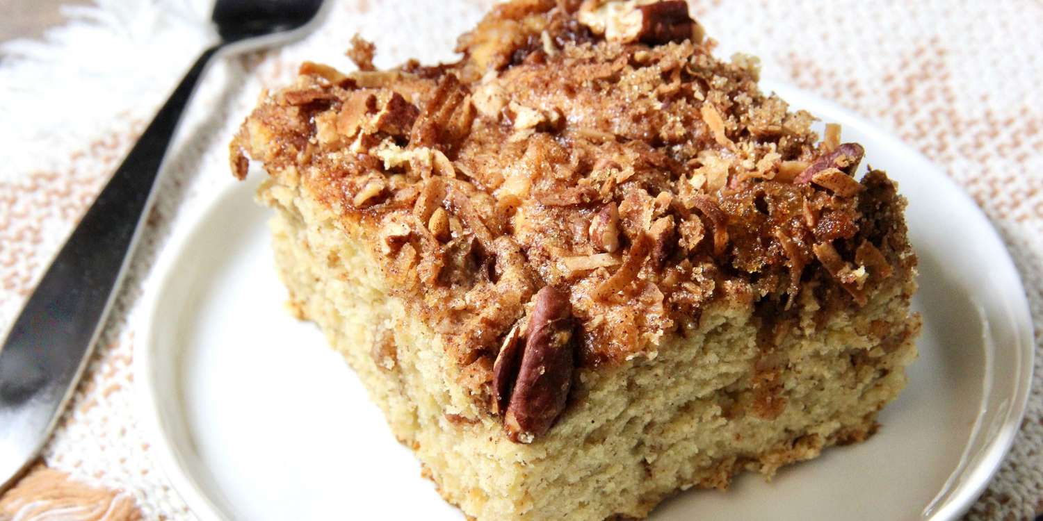 High angle view of a plated slice of easy apple pie coffee cake.