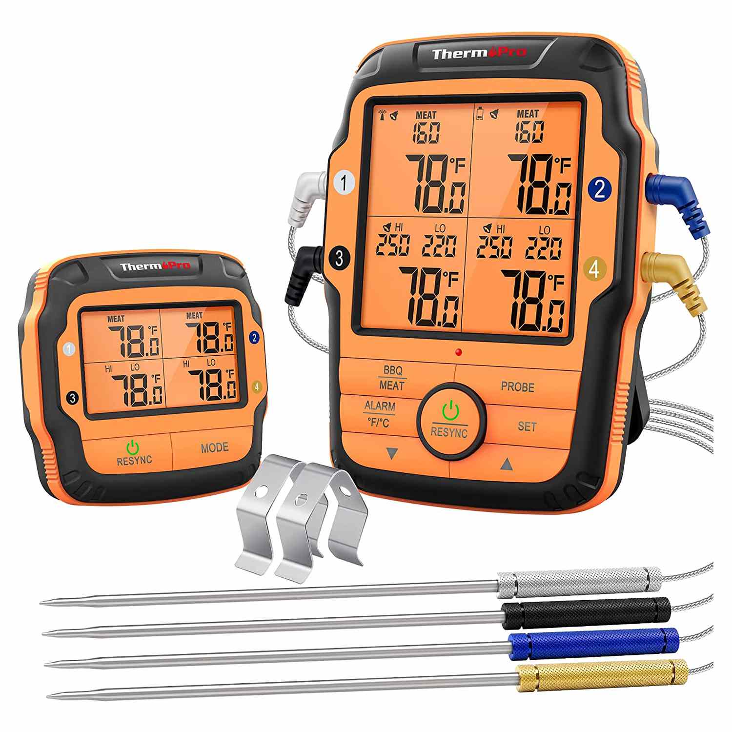 ThermoPro TP27 500FT Long Range Wireless Meat Thermometer for Grilling and Smoking with 4 Probes Smoker BBQ Grill Thermometer Kitchen Food Cooking Thermometer for Meat on a white background