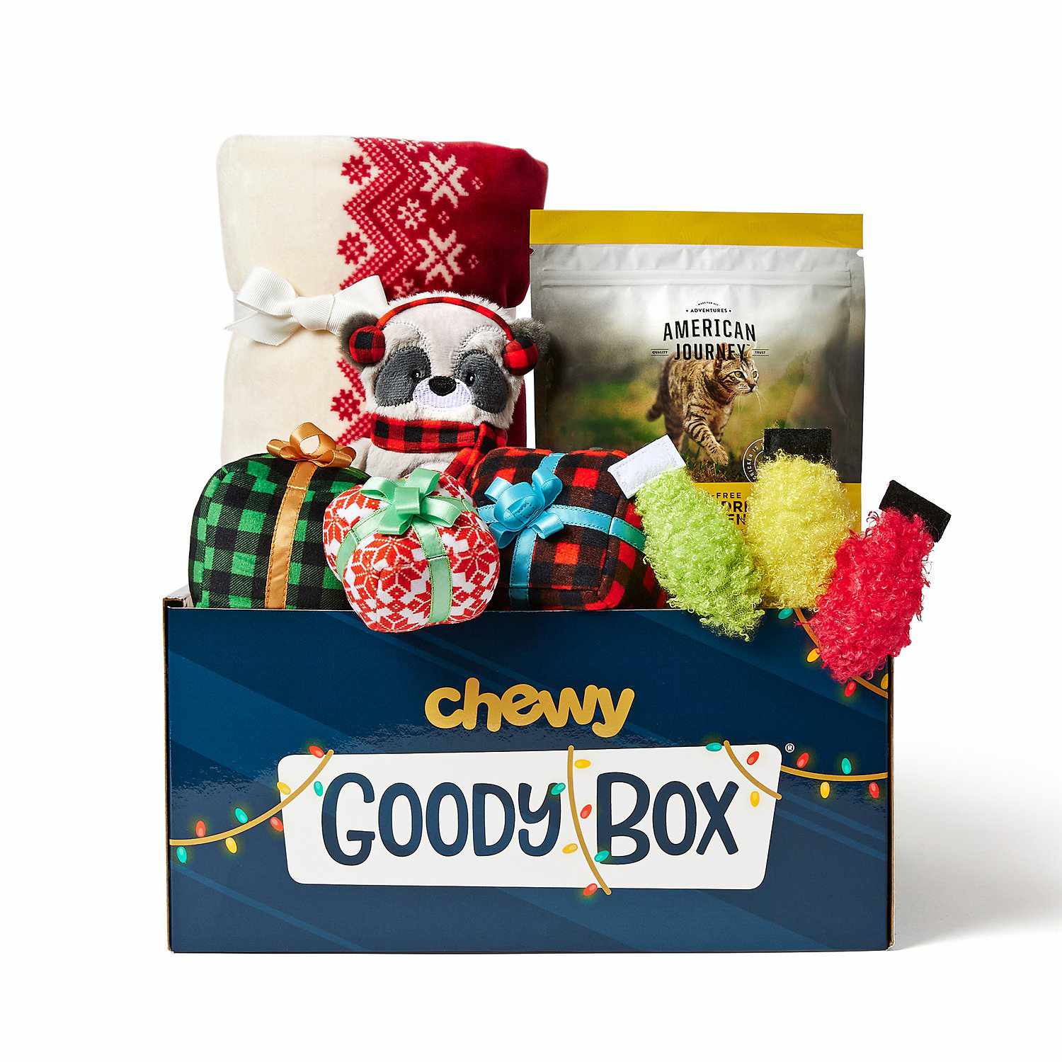 goody box containing pet toys, treats, and blanket