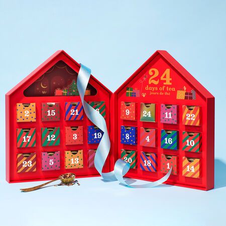 red advent calendar with blue ribbon