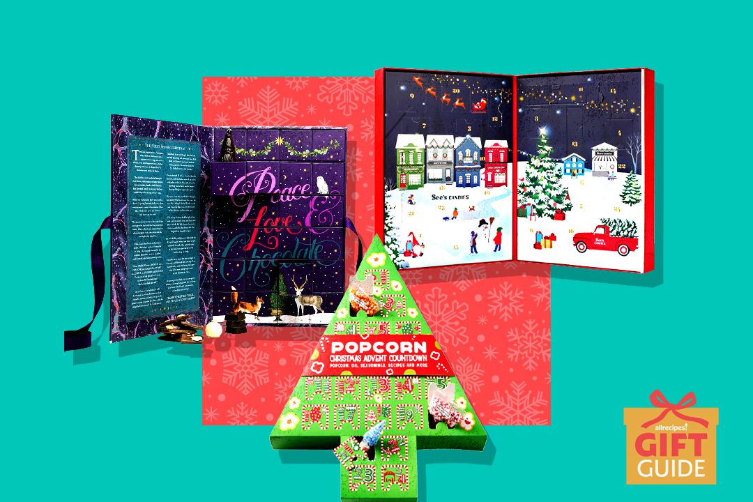 three different advent calendars on blue and red snowflake background