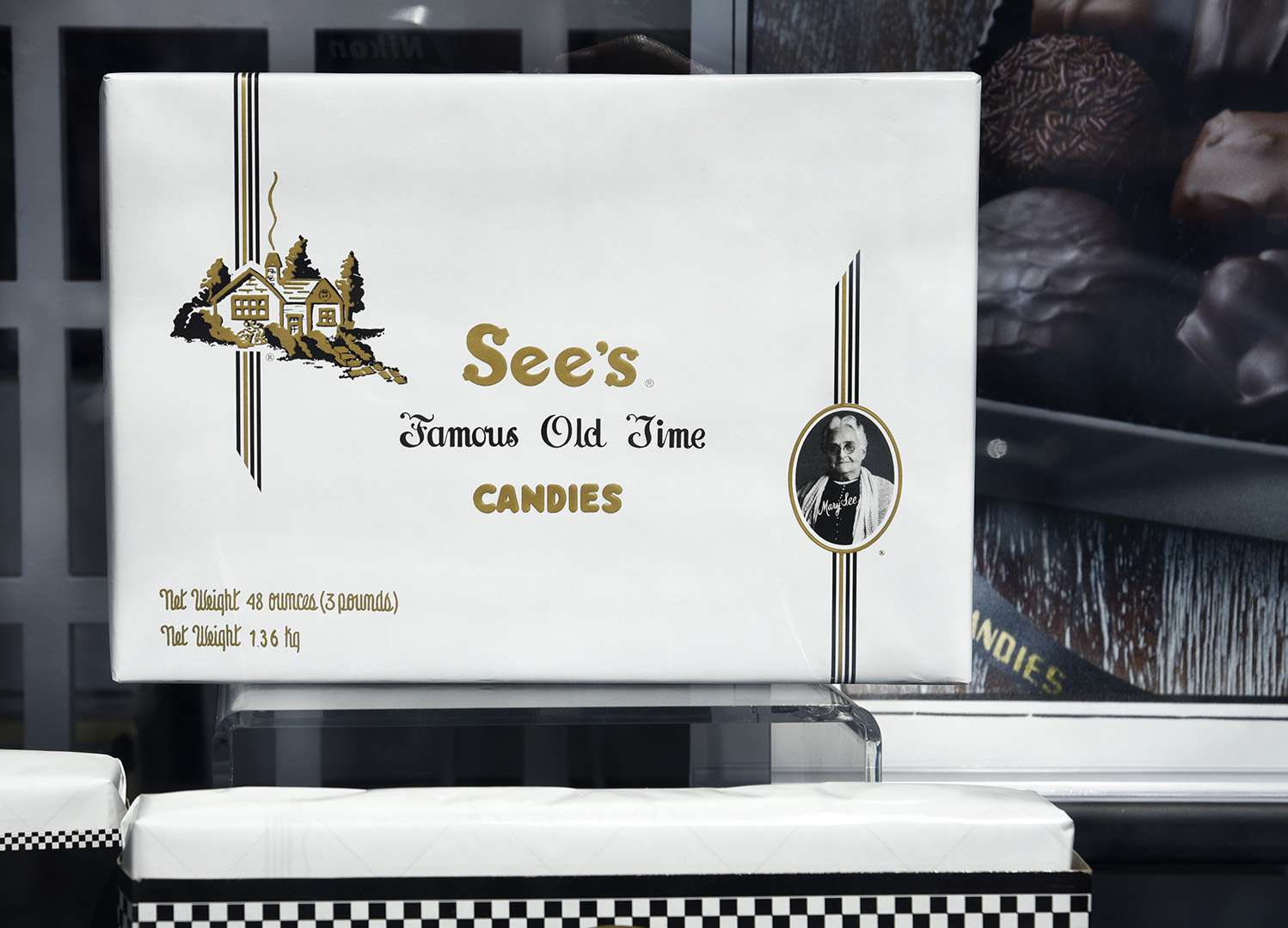 a box of See's Candies sits on display
